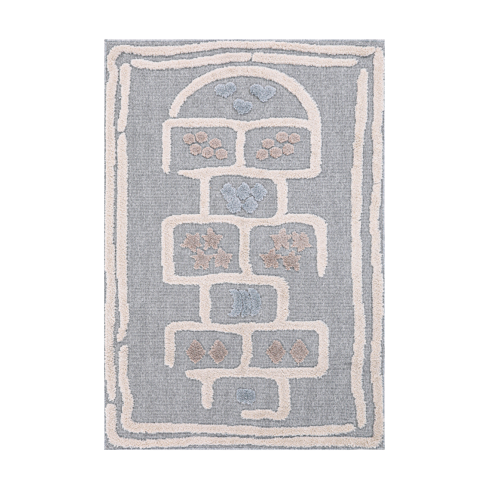 Veiled Dreams Kids Woven Rug with pastel floral patterns on a soft gray background