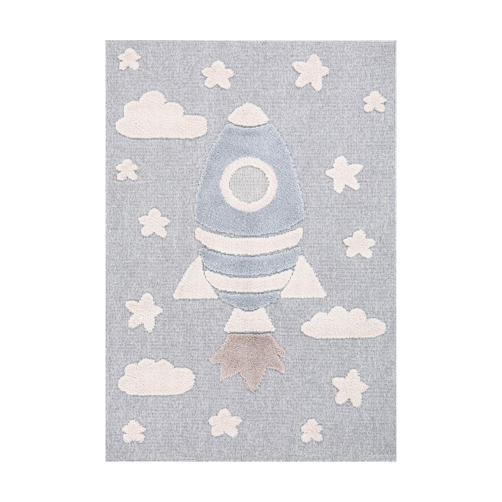 Kids woven rug with rocket, clouds, and stars design for playroom decor.