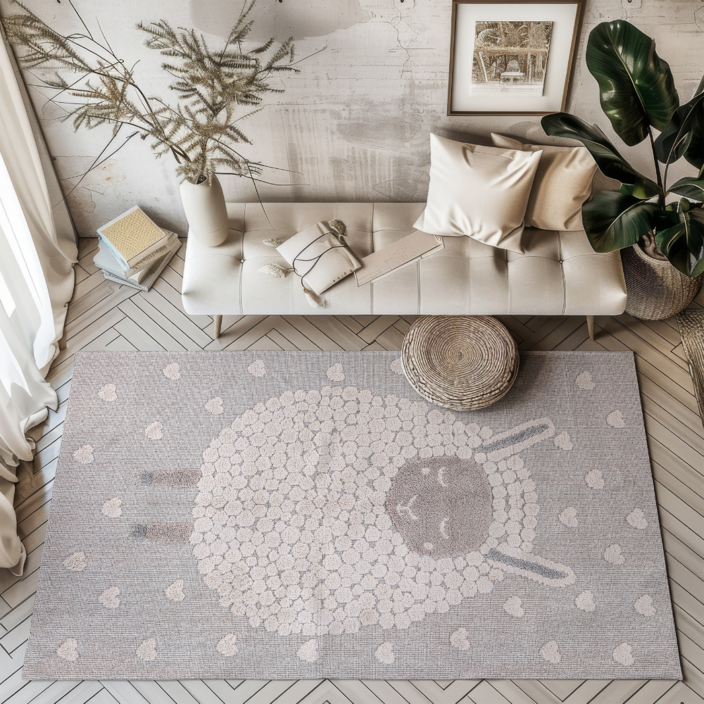 Quiet Reverie Sheep Woven Rug with soft sheep design for kids' spaces