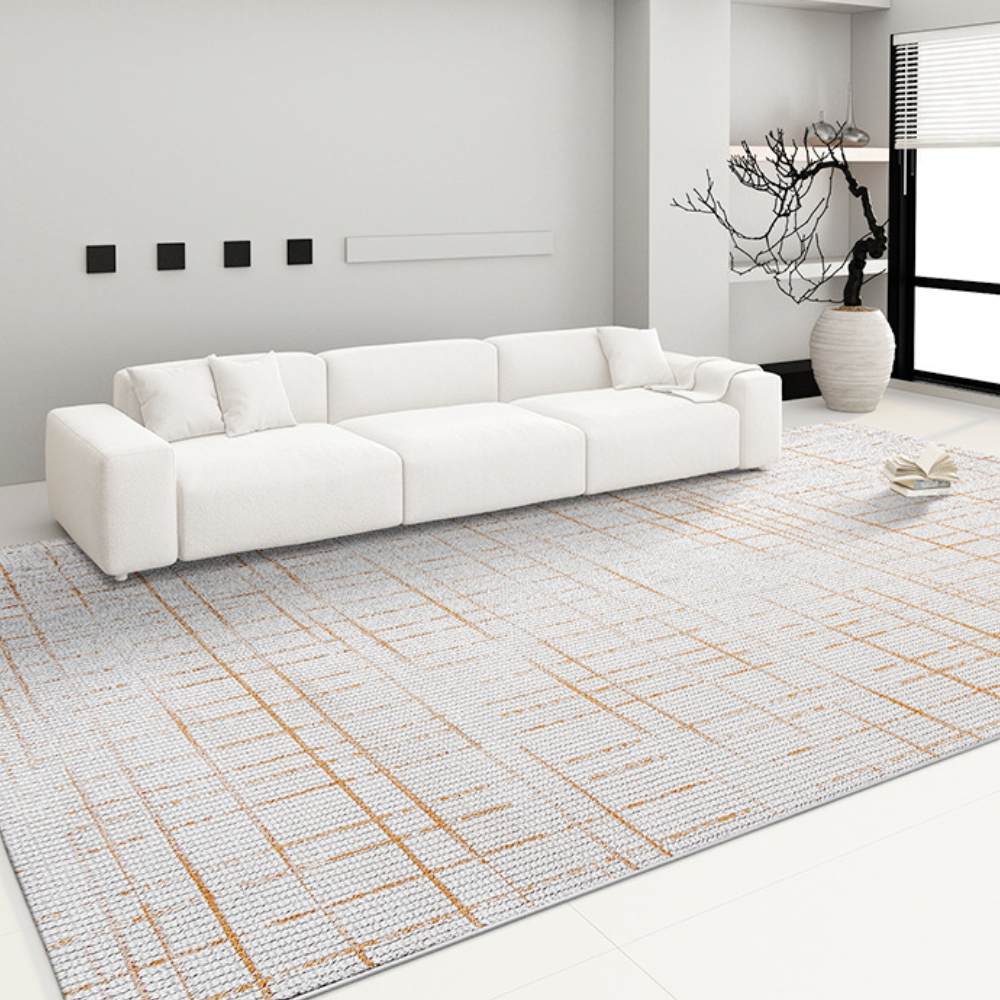 Textured Hespera striped rug in minimalist living room with white sofa