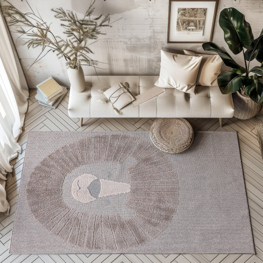 Distant Whispers Lion Woven Rug in neutral tones with artistic lion mane design